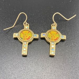 Maximal Art Earrings Cross with Blue Iridescent Gems and a vintage rabbit image